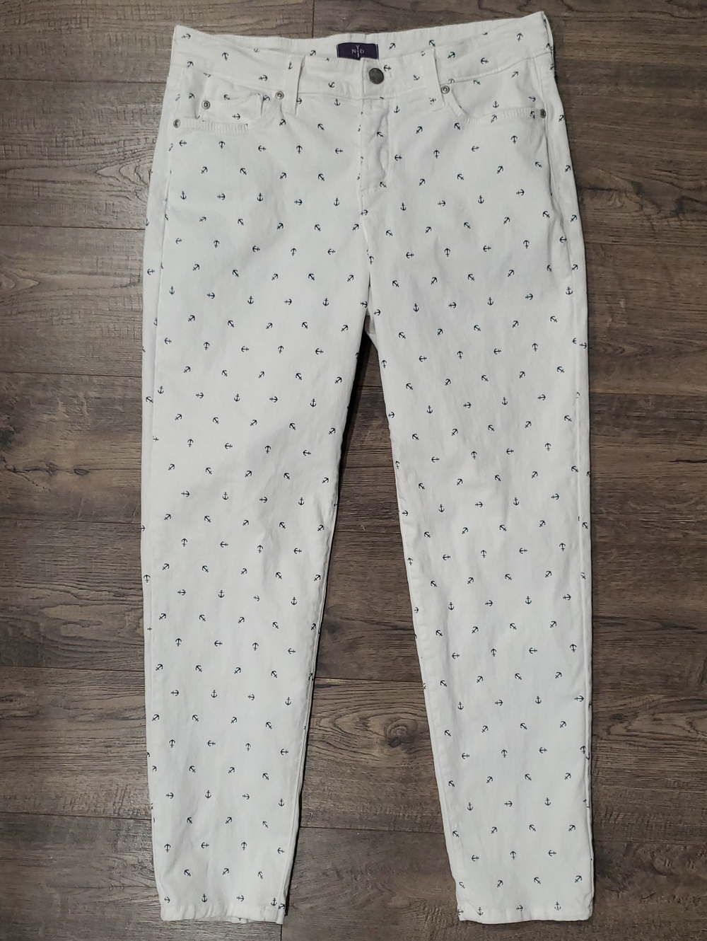 White Skinny Pants with Navy Anchor Print - Women